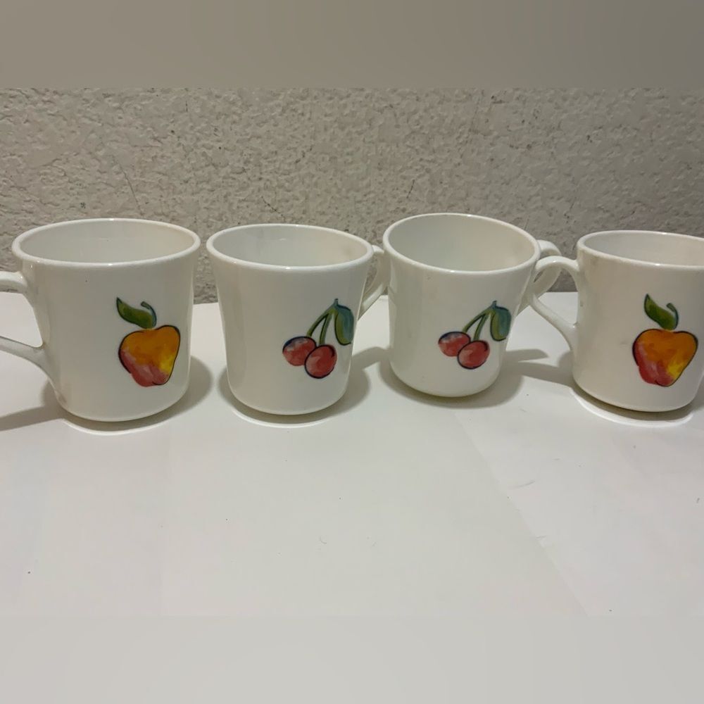 Vintage Corelle Corning Mug Fruit Apple & Cherry Set of 4 USA Design 2 Sided G17